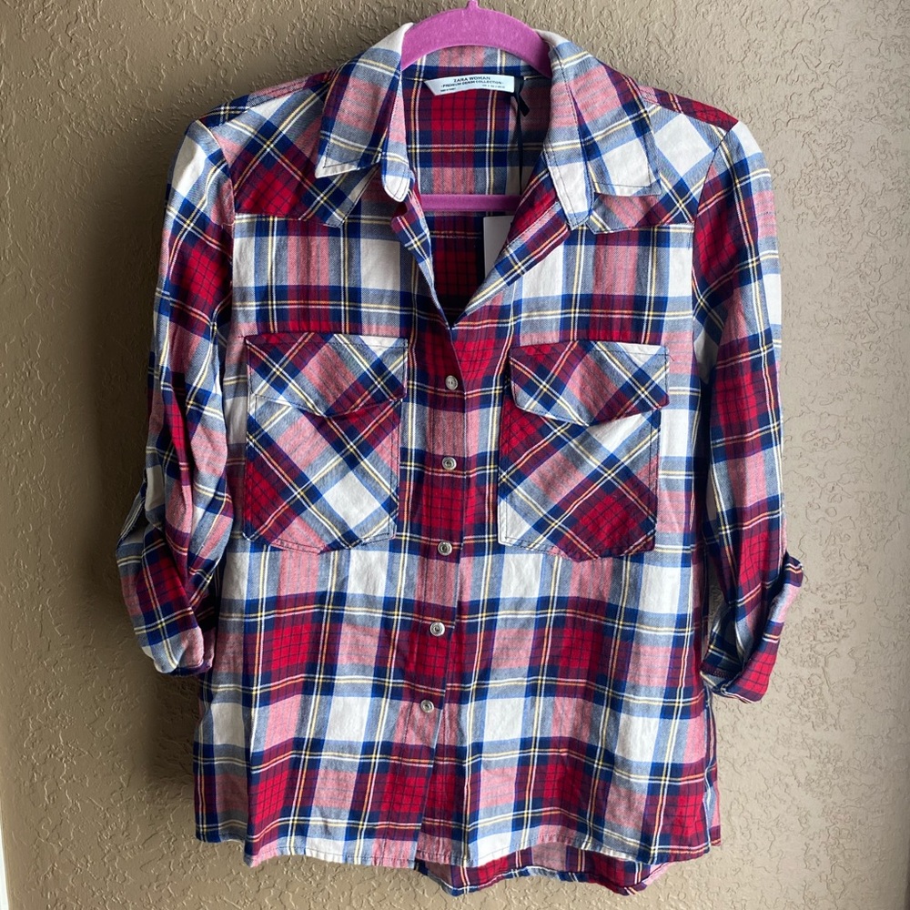 Zara Red/White Plaid Metal Snap Button Down